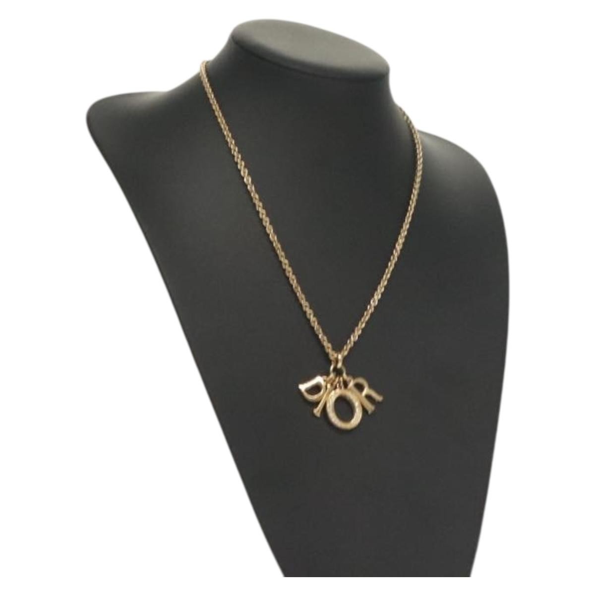 Christian Dior Logo Necklace Crystal Embellished Metal, GOLD, METAL, Necklace