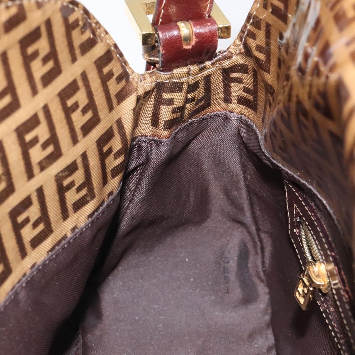 Fendi Vintage FF Buckle Curved Hobo Zucchino Coated Canvas, BROWN, PATENT_LEATHER, Handbag