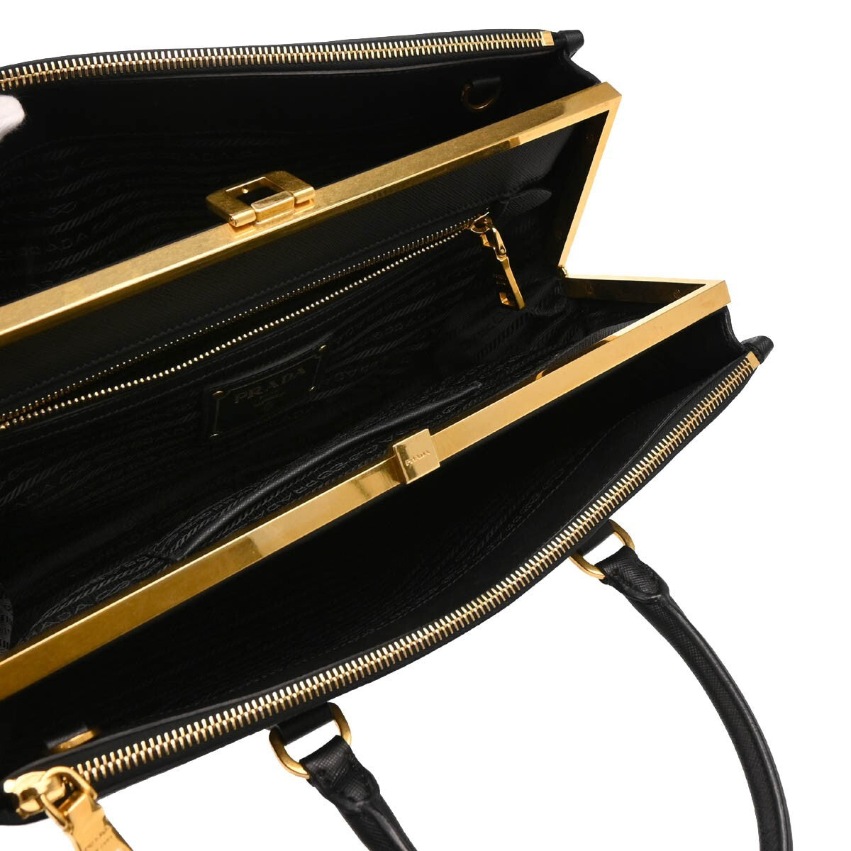 Prada Lux Double Zip Frame Tote Saffiano Leather, BLACK, LEATHER, Tote bag