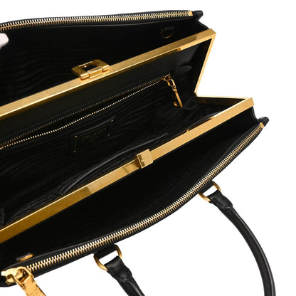 Prada Lux Double Zip Frame Tote Saffiano Leather, BLACK, LEATHER, Tote bag