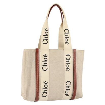 Chloe Woody Tote Canvas with Leather, BEIGE, CANVAS, Tote bag