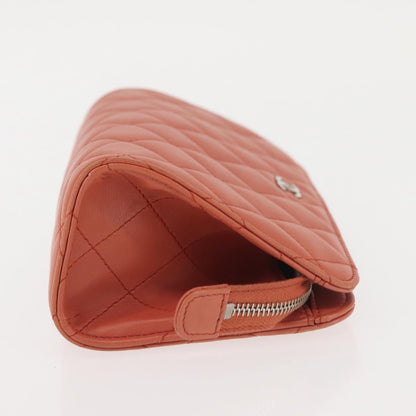 Chanel Classic Double Pocket Zip Pouch Quilted Lambskin, ORANGE, LEATHER, Clutche & pouche
