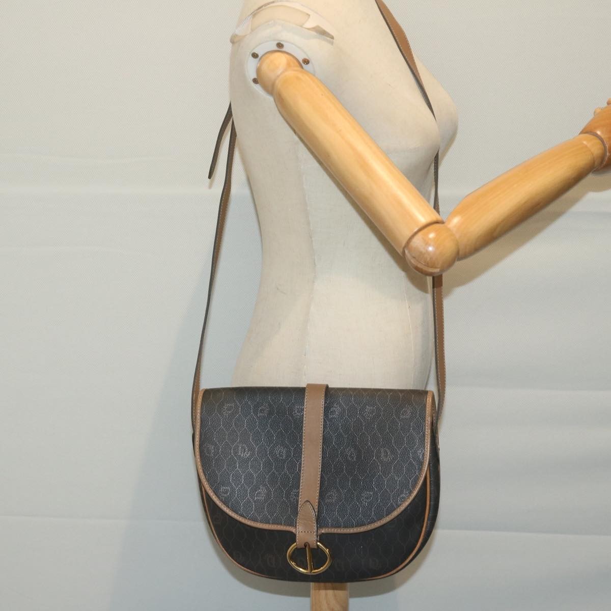 Christian Dior Vintage Honeycomb Flap Crossbody Bag Canvas and Leather, BLACK, CANVAS, Crossbody bag