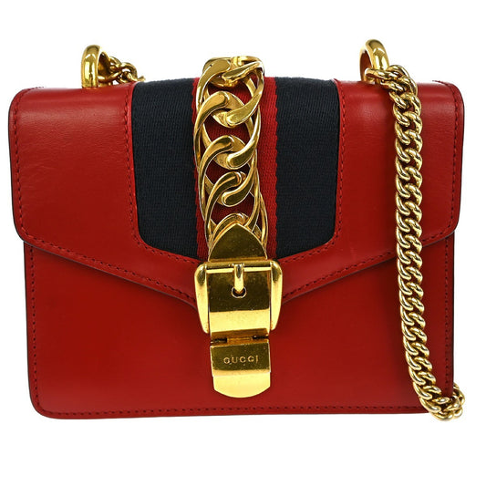 Gucci Sylvie Shoulder Bag Leather, RED, LEATHER, Shoulder bag