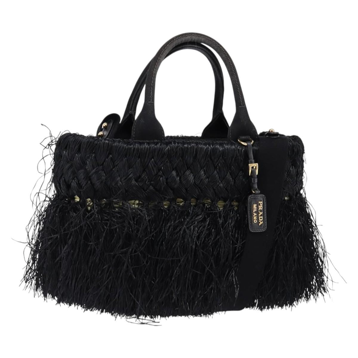 Prada Fringe Wicker Tote Woven Straw, BLACK, WOOD, Handbag