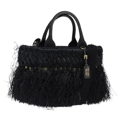 Prada Fringe Wicker Tote Woven Straw, BLACK, WOOD, Handbag
