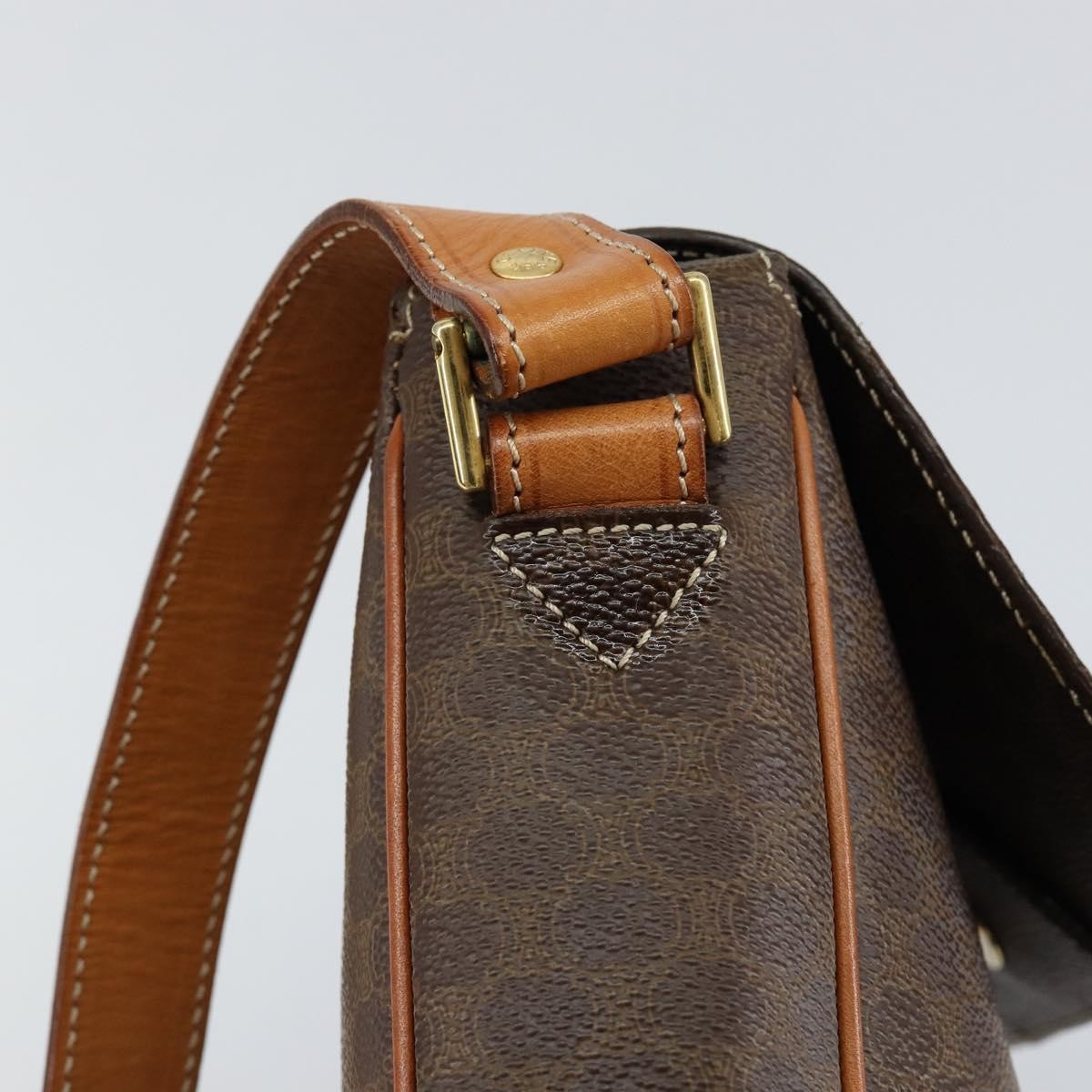 Celine Vintage Macadam Circle Logo Shoulder Bag Canvas and Leather, BROWN, CANVAS, Shoulder bag