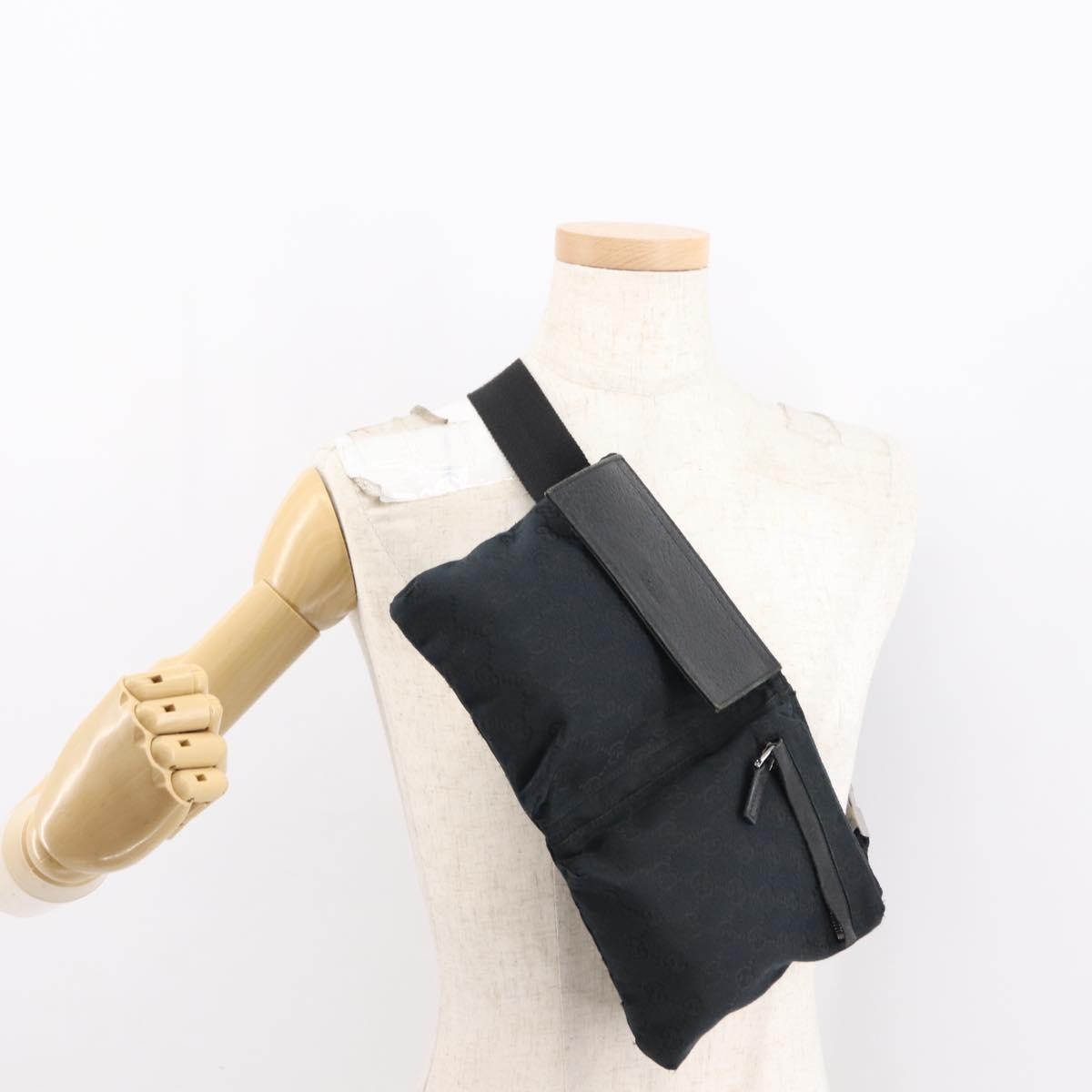 Gucci Vintage Double Belt Bag GG Canvas with Leather, BLACK, CANVAS, Shoulder bag