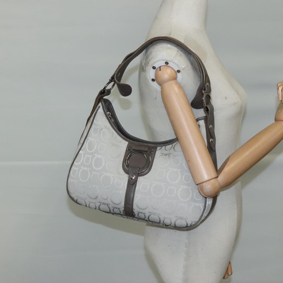 Salvatore Ferragamo Gancini Shoulder Bag Canvas, GRAY, CANVAS, Shoulder bag