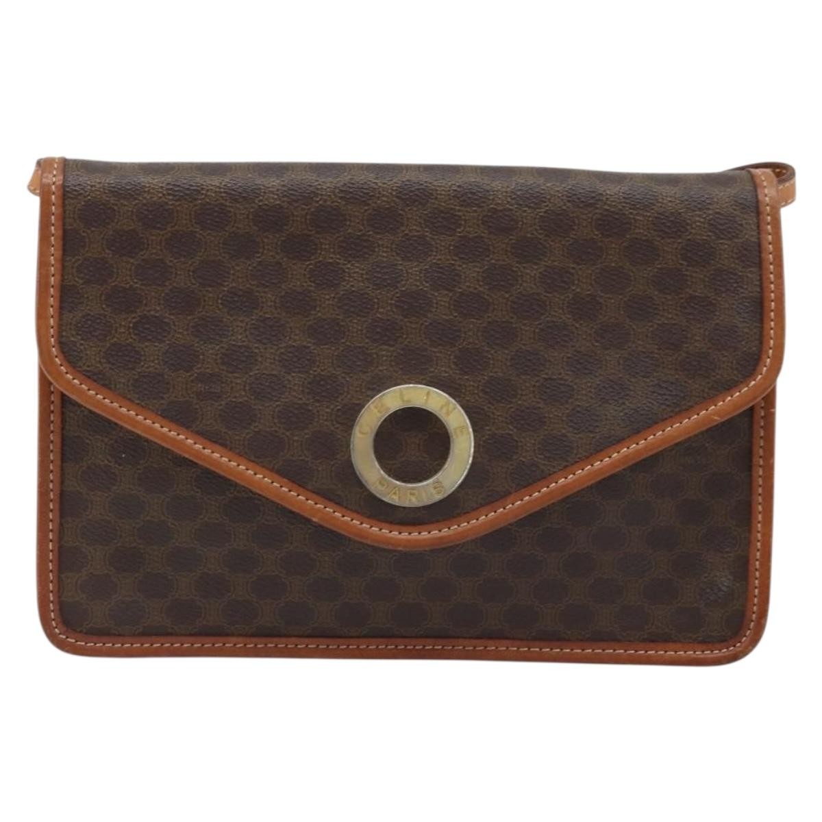 Celine Vintage Macadam Circle Logo Shoulder Bag Canvas and Leather, Brown, Canvas, Shoulder Bag