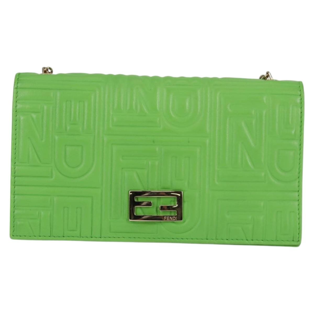 Fendi Wallet on Chain Logo Embossed Leather, GREEN, LEATHER, Wallets