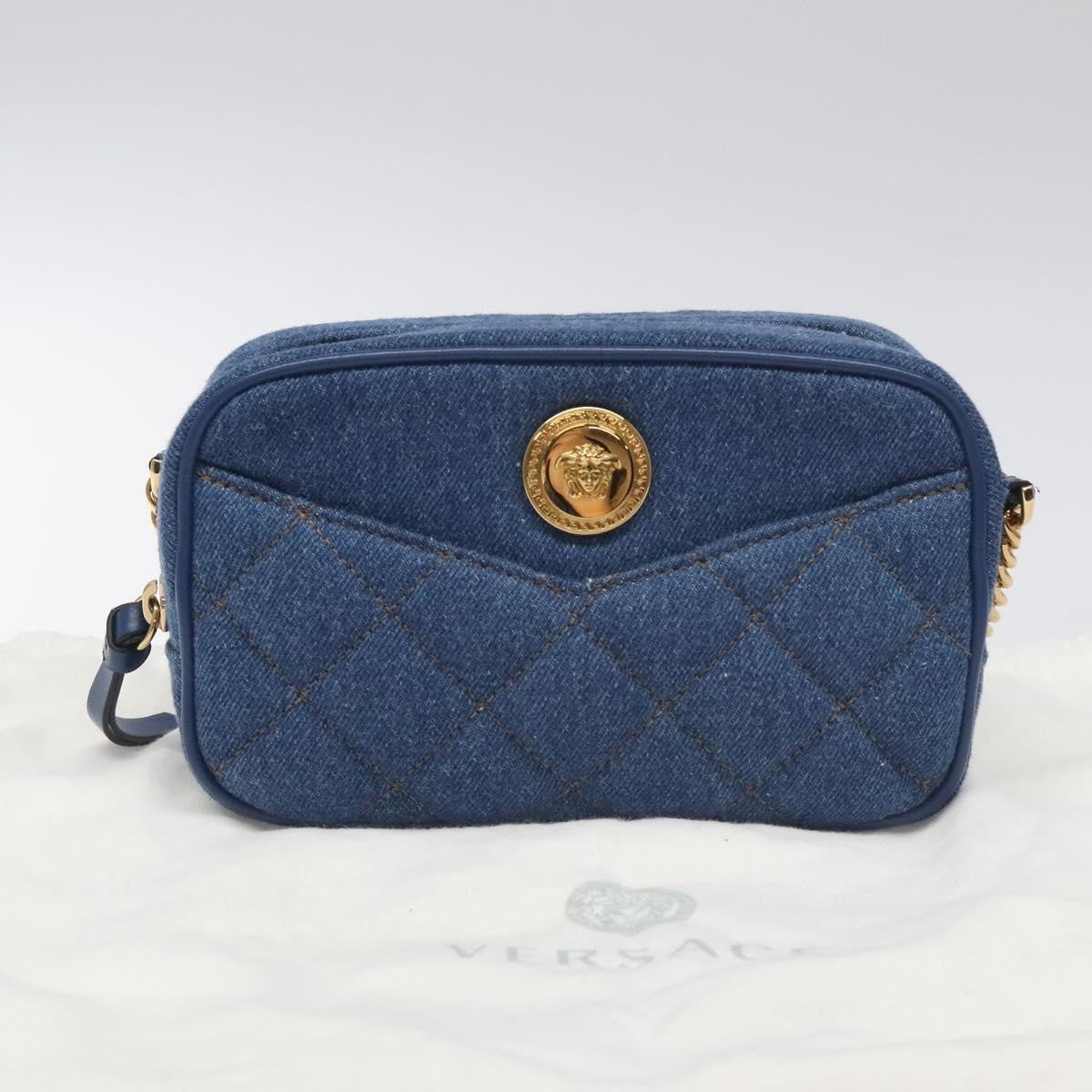 Versace Medusa Icon Front Slip Pocket Camera Bag Quilted Denim, BLUE, DENIM_JEANS, Crossbody bag