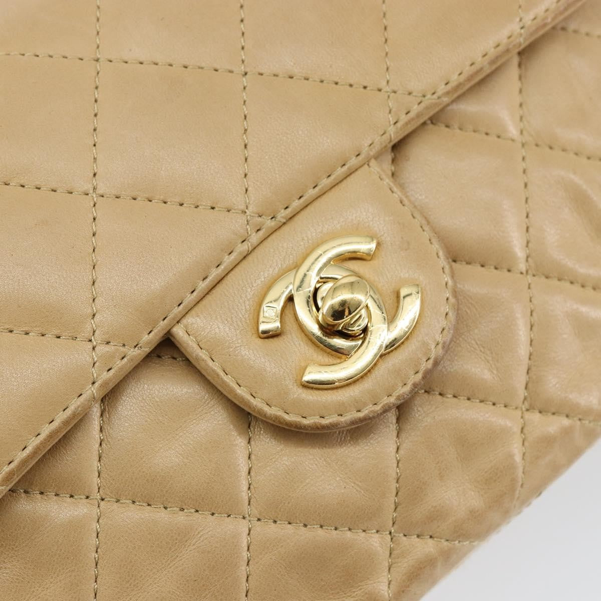 Chanel Vintage Square Classic Single Flap Bag Quilted Lambskin, BEIGE, LEATHER, Shoulder bag