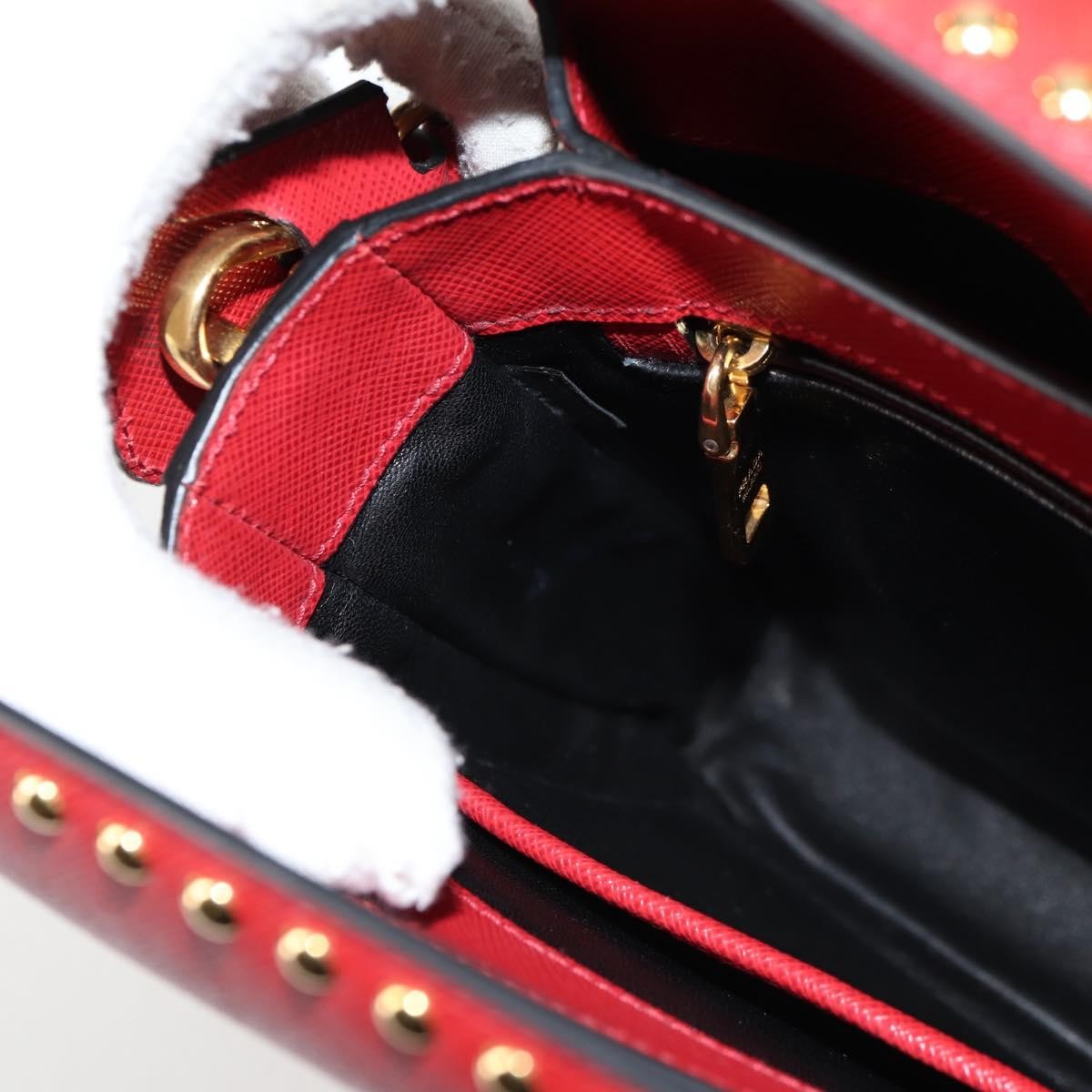 Prada Turn Lock Shoulder Bag Studded Saffiano Leather, RED, LEATHER, Shoulder bag
