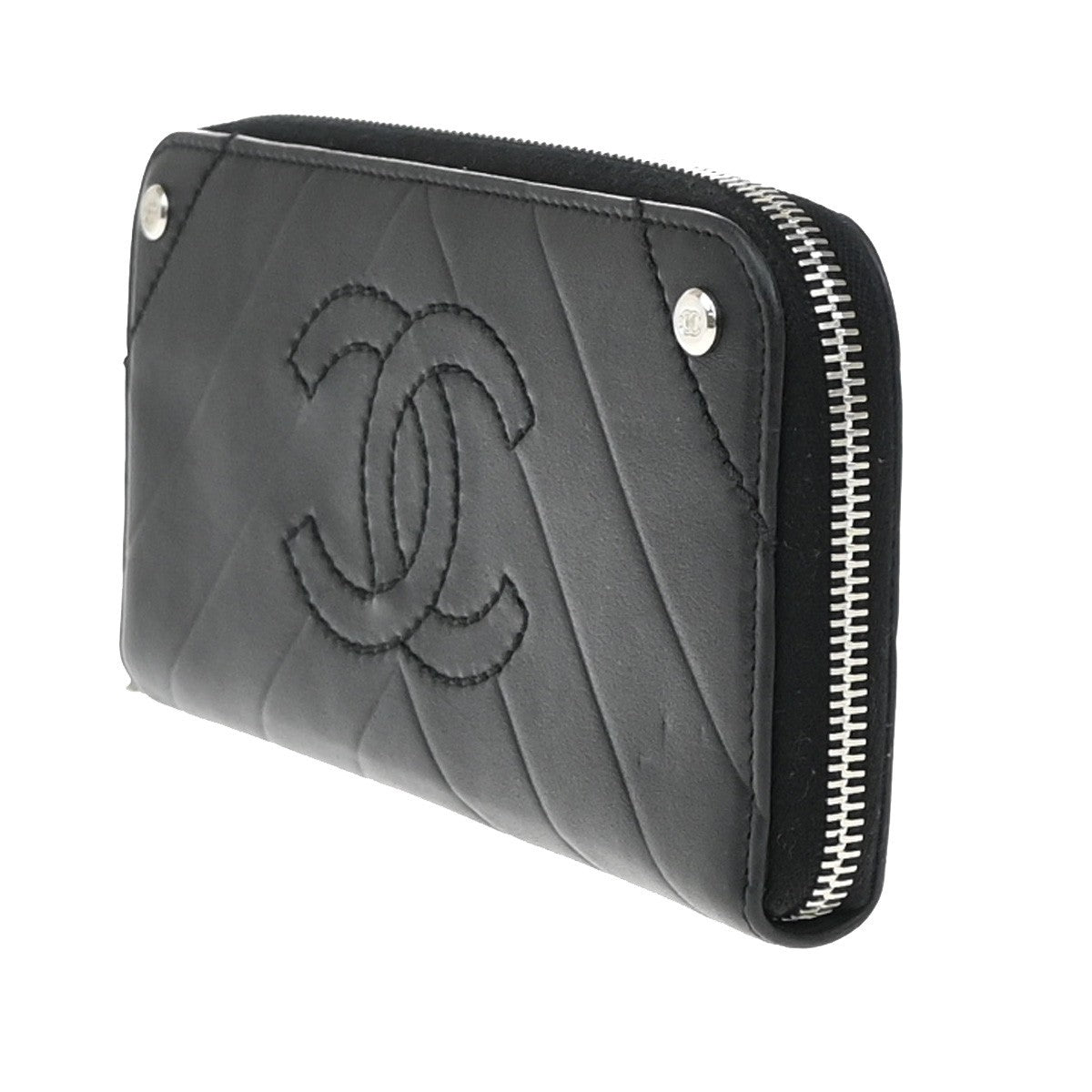 Chanel CC Charm Zip Around Wallet Quilted Lambskin, Black, Leather, Wallet