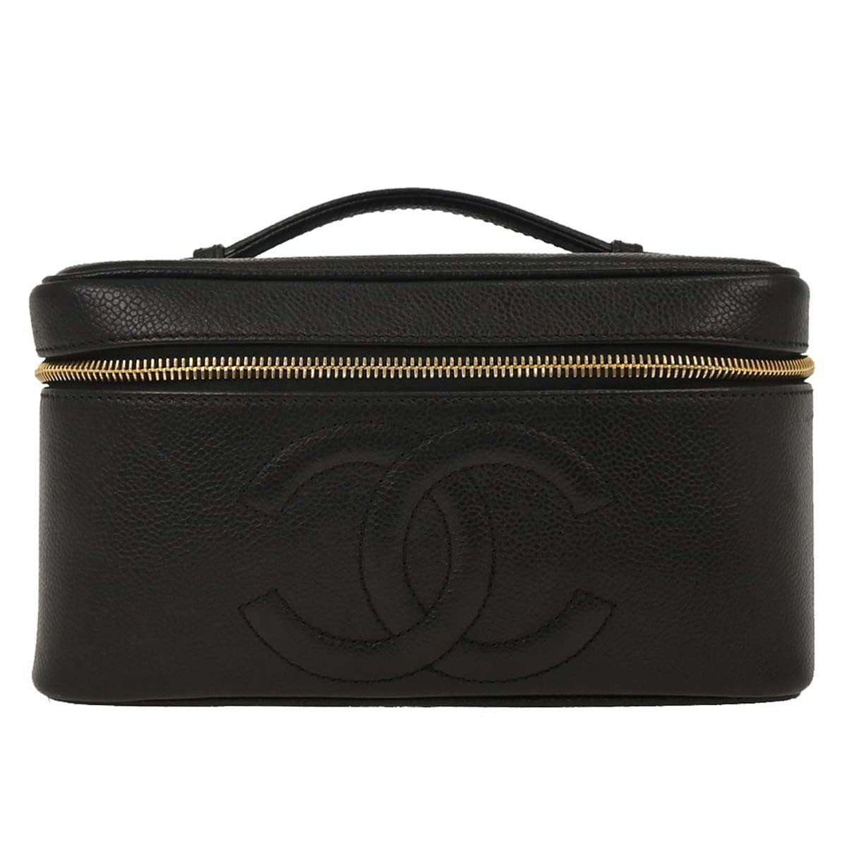Chanel Vintage Timeless Cosmetic Case with Mirror Caviar, BLACK, LEATHER, Clutche & pouche