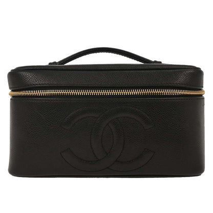 Chanel Vintage Timeless Cosmetic Case with Mirror Caviar, BLACK, LEATHER, Clutche & pouche
