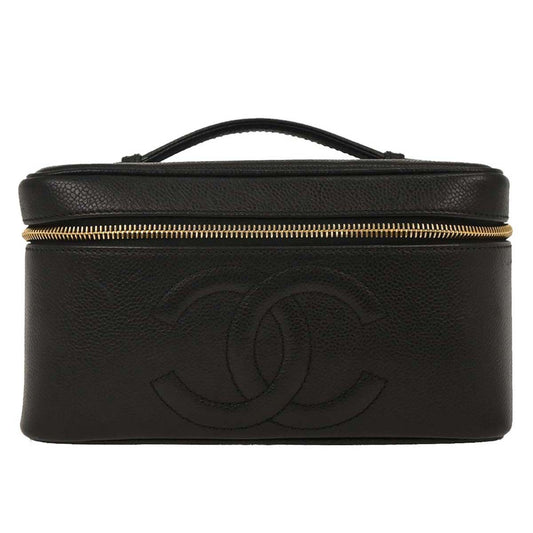 Chanel Vintage Timeless Cosmetic Case with Mirror Caviar, BLACK, LEATHER, Clutche & pouche