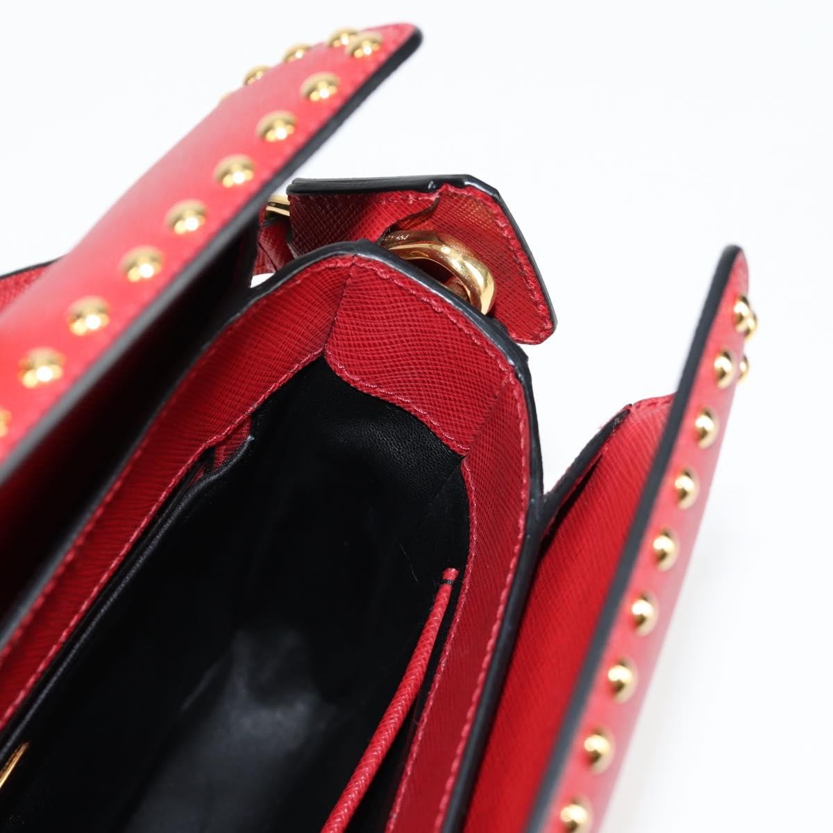 Prada Turn Lock Shoulder Bag Studded Saffiano Leather, RED, LEATHER, Shoulder bag
