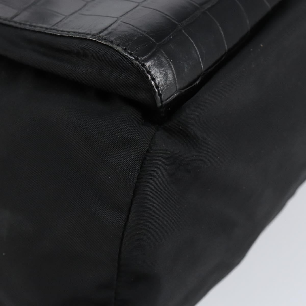 Prada Cinch Buckle Flap Backpack Tessuto with Crocodile Embossed Leather, BLACK, NYLON, Backpack
