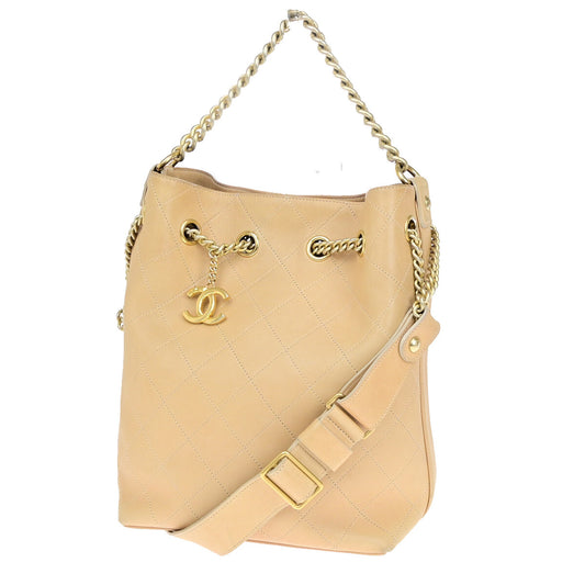 Chanel On My Shoulder Drawstring Bag Quilted Calfskin, BEIGE, LEATHER, Shoulder bag