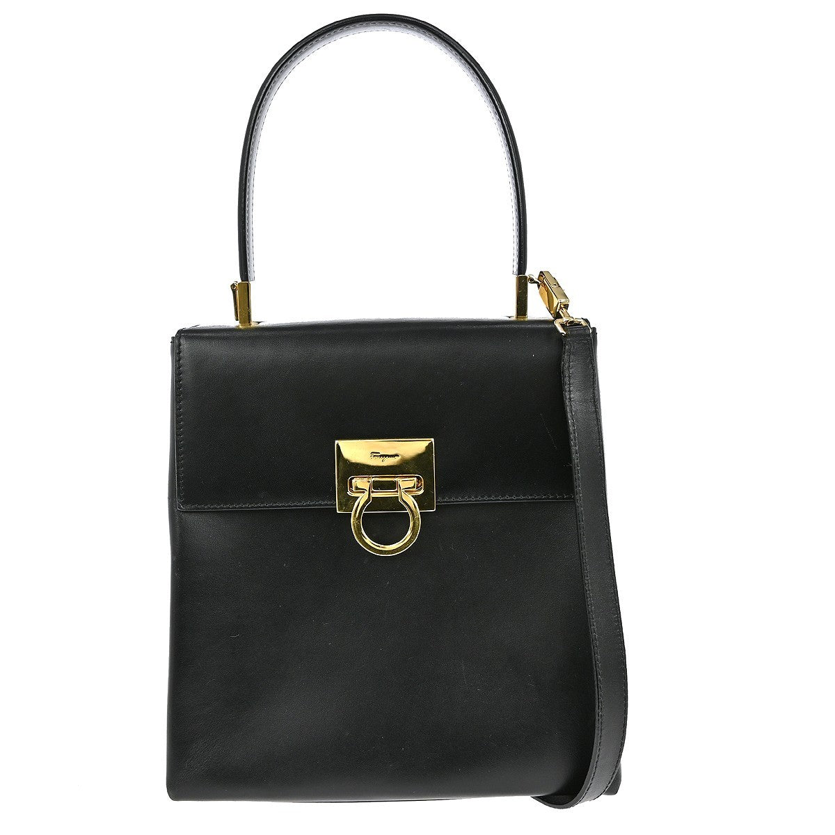 Salvatore Ferragamo Gancini handbag Leather, BLACK, LEATHER, Handbag