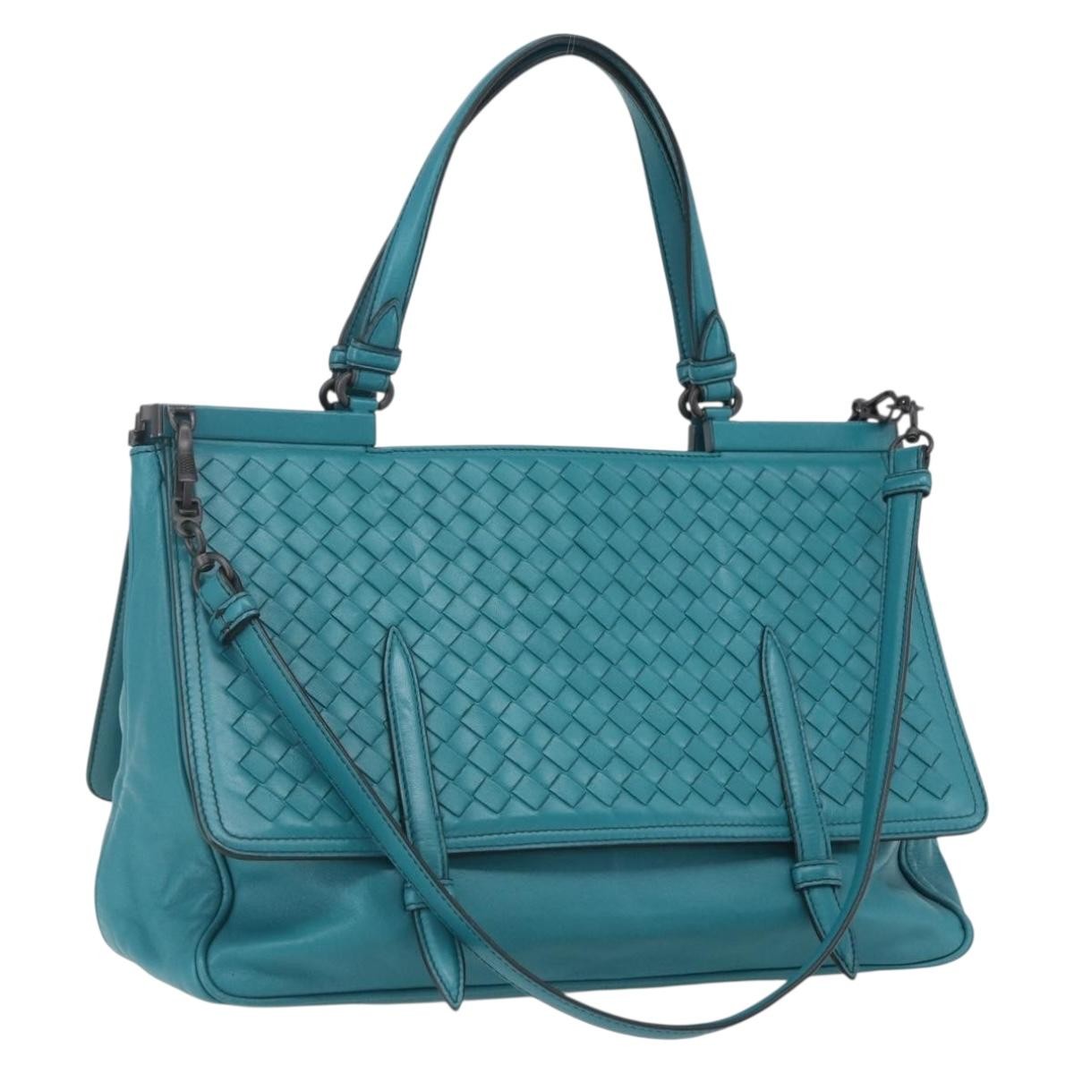 Bottega Veneta Monaco Convertible Satchel Leather with Intrecciato Detail, TURQUOISE, LEATHER, Handbag