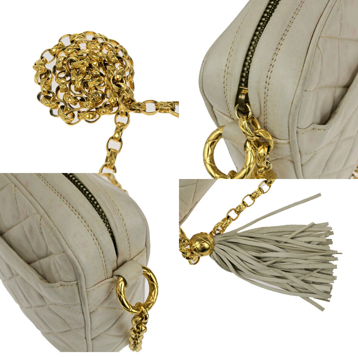 Chanel Vintage Camera Tassel Bag Chevron Lambskin, IVORY, LEATHER, Shoulder bag