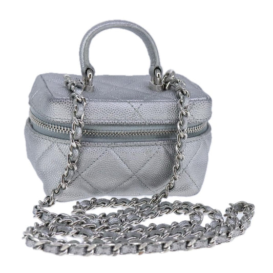 Chanel Classic Vanity Case with Chain Quilted Caviar, Silver, Leather, Shoulder Bag