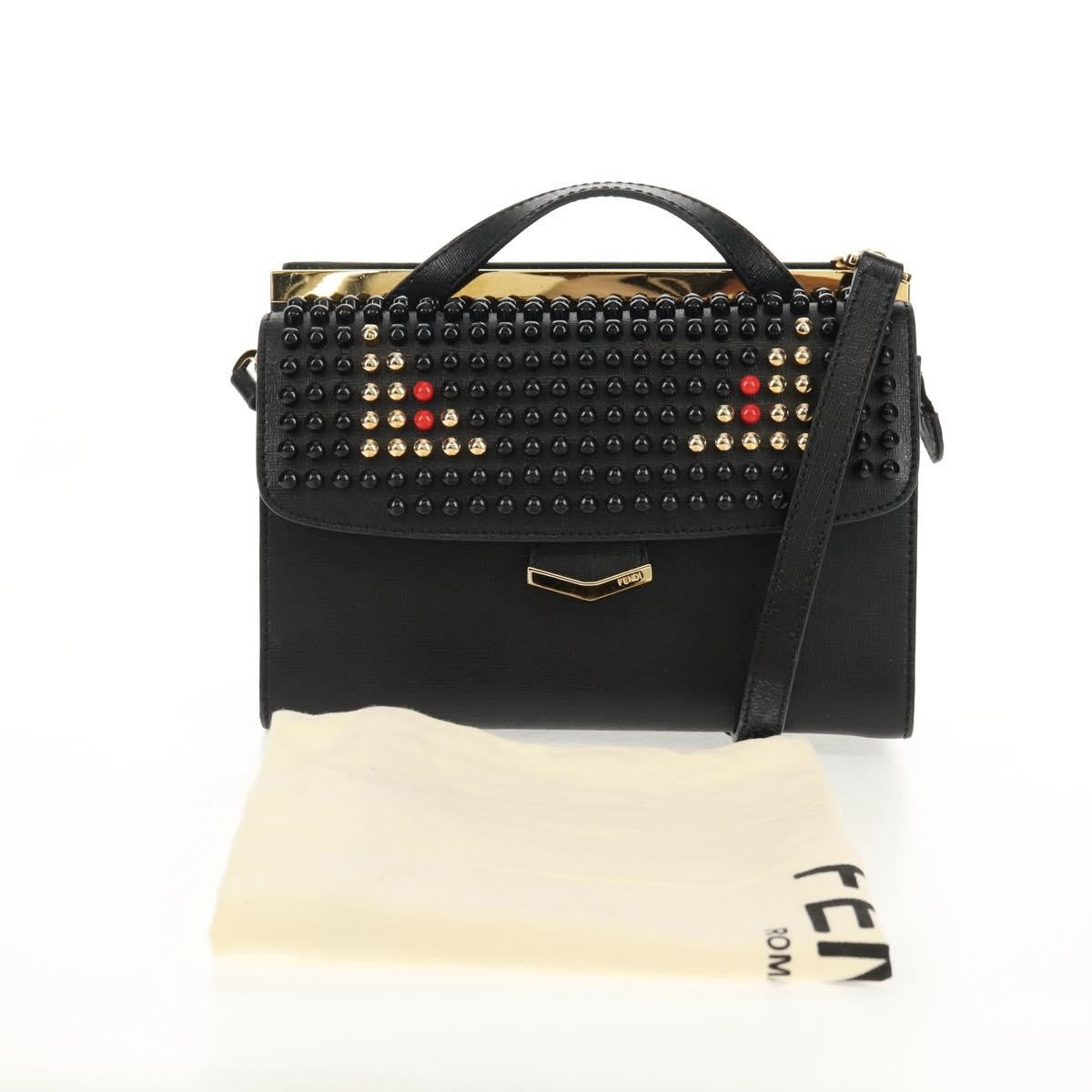 Fendi Demi Jour Monster Satchel Studded Leather, BLACK, LEATHER, Handbag