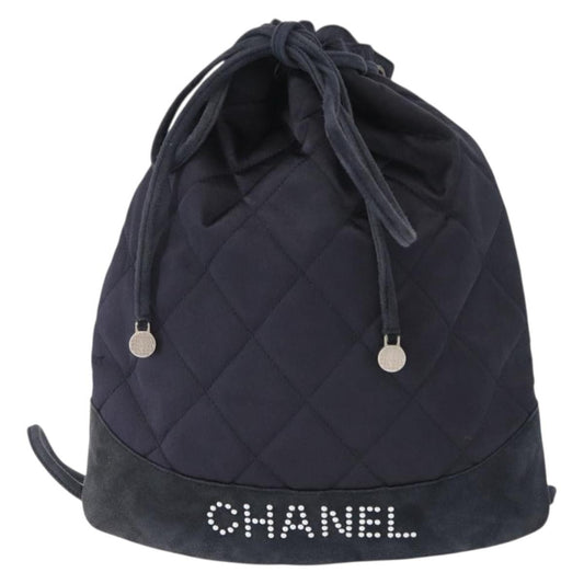 Chanel Vintage Drawstring Backpack Quilted Satin with Suede, NAVY, SATIN, Backpack