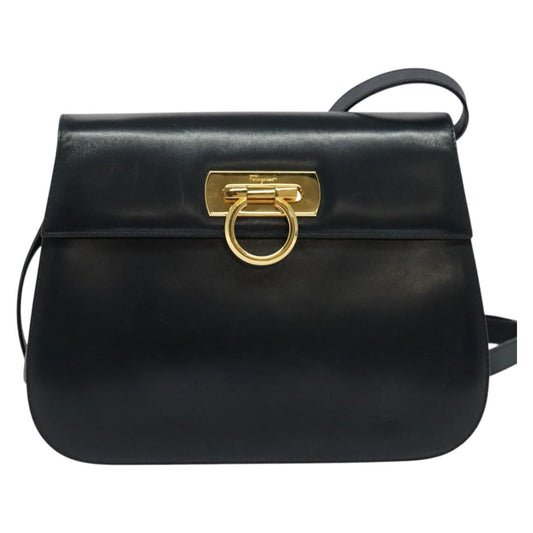 Salvatore Ferragamo Gancini Shoulder Bag Leather, NAVY, LEATHER, Shoulder bag