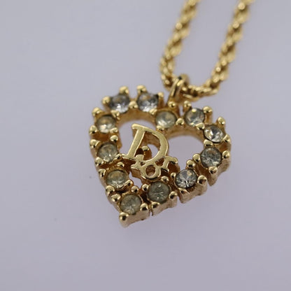Christian Dior Logo Heart Pendant Necklace Metal with Crystal, GOLD, METAL, Necklace