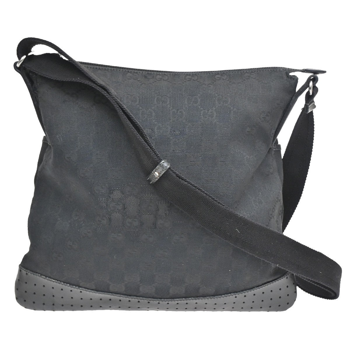 Gucci Zip Messenger GG Canvas with Perforated Leather, BLACK, CANVAS, Shoulder bag