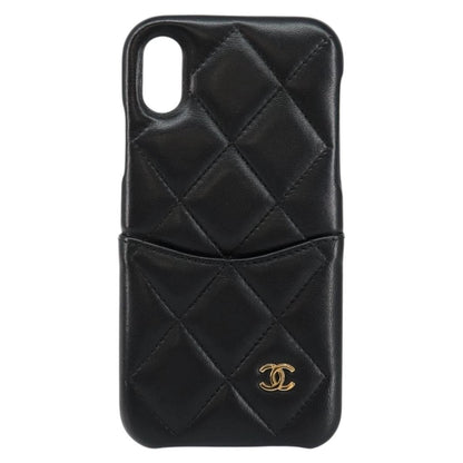 Chanel Iphone Case Quilted Lambskin, BLACK, LEATHER, Tech accessory