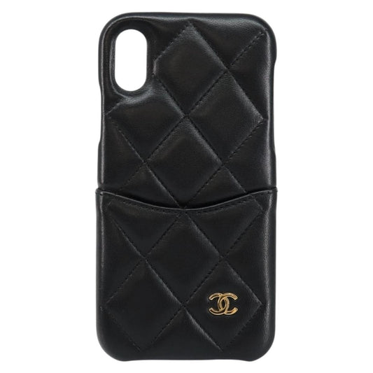 Chanel Iphone Case Quilted Lambskin, BLACK, LEATHER, Tech accessory