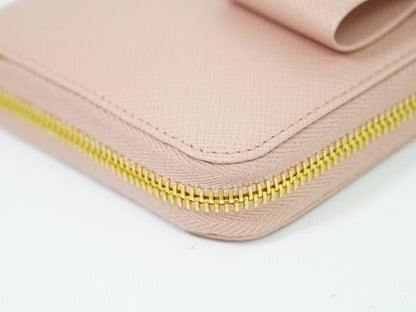 Prada Bow Zip Around Wallet Saffiano Leather, PINK, LEATHER, Wallets