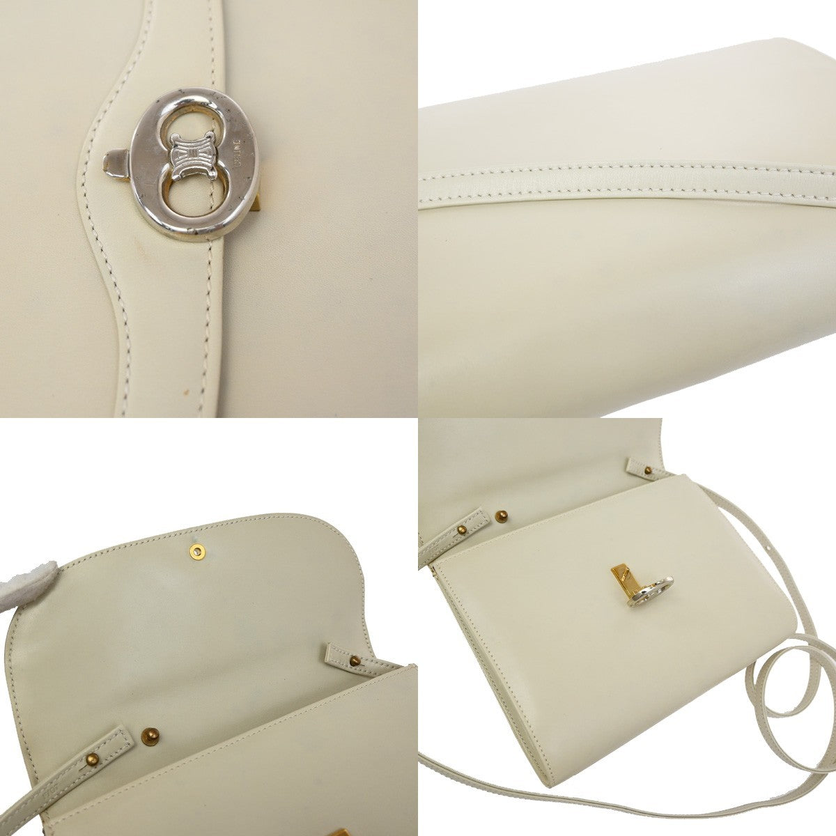 Celine Vintage Triomphe Flap Bag Leather, WHITE, LEATHER, Shoulder bag