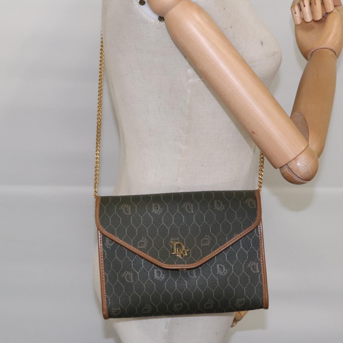 Christian Dior Vintage Honeycomb chain Canvas, KHAKI, CANVAS, Shoulder bag