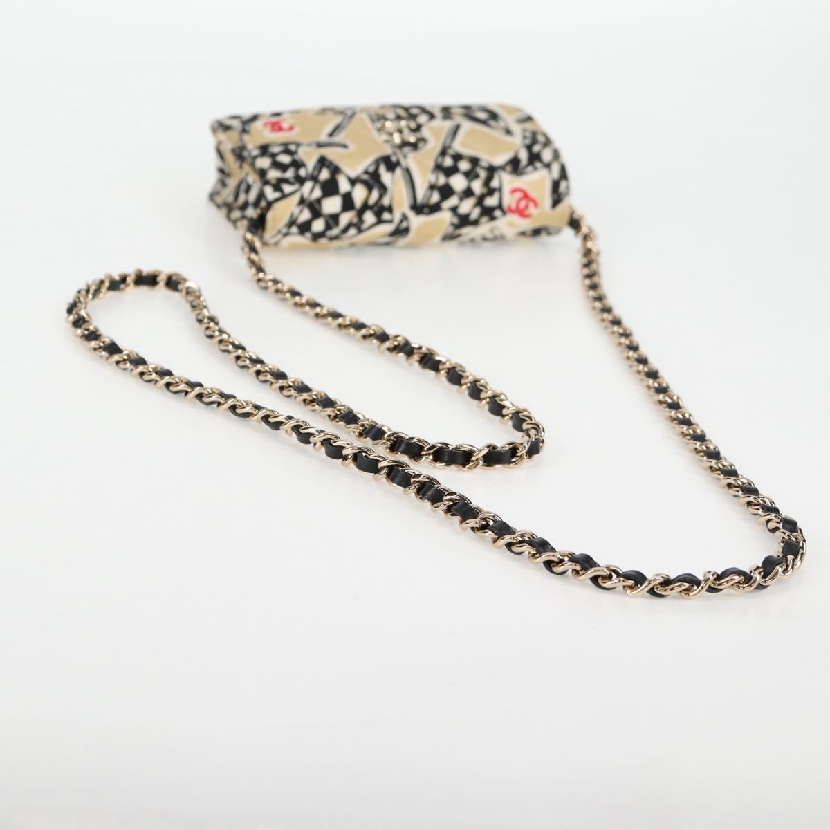 Chanel Flap Card Holder on Chain Quilted Printed Canvas, BEIGE, CANVAS, Clutche & pouche