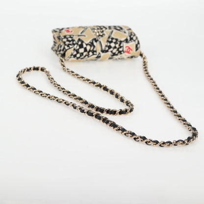 Chanel Flap Card Holder on Chain Quilted Printed Canvas, BEIGE, CANVAS, Clutche & pouche