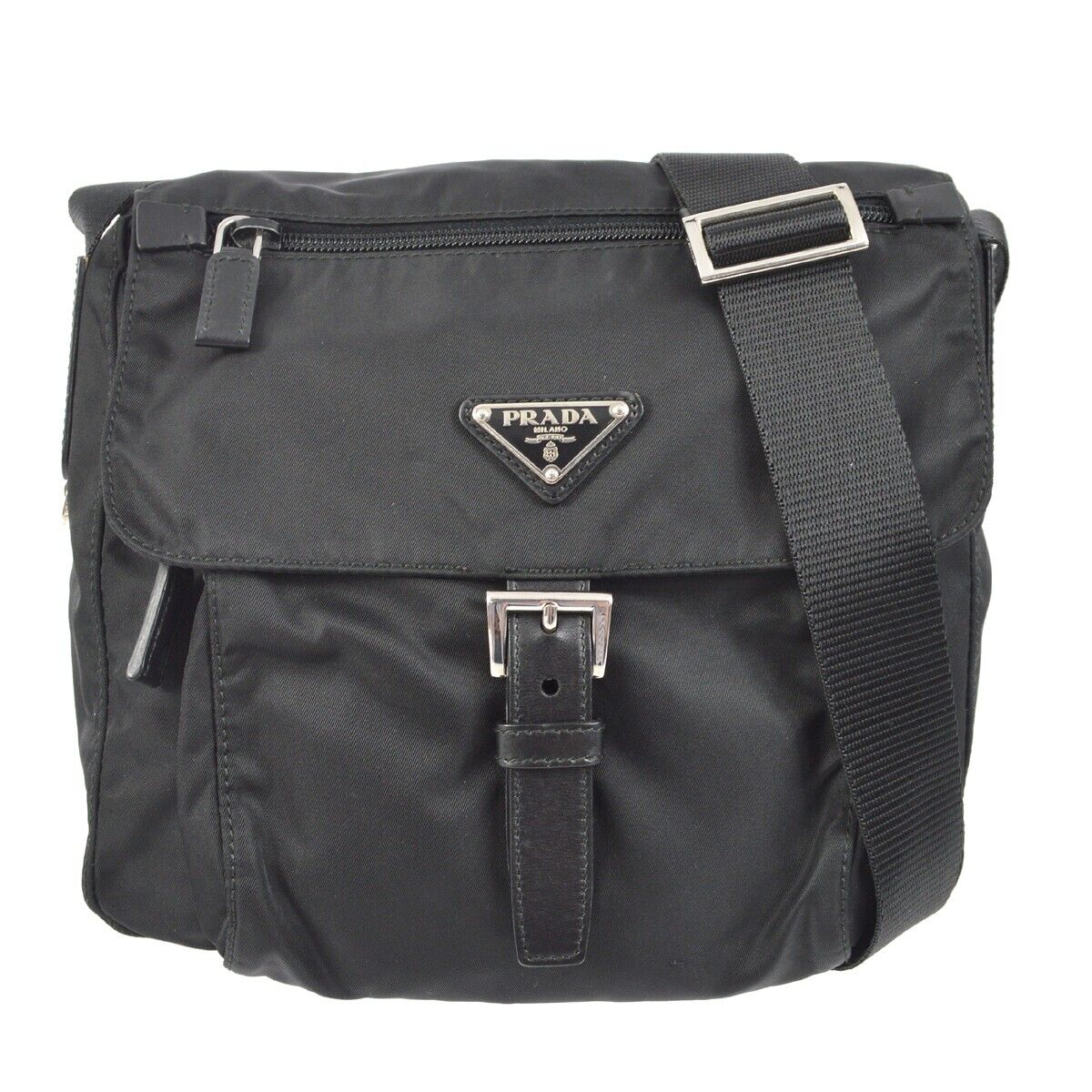 Prada Buckle Messenger Bag Tessuto, BLACK, NYLON, Shoulder bag