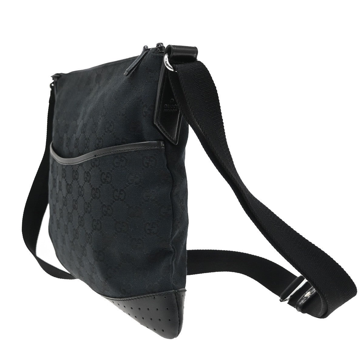 Gucci Zip Messenger Bag GG Canvas with Perforated Leather, BLACK, CANVAS, Shoulder bag