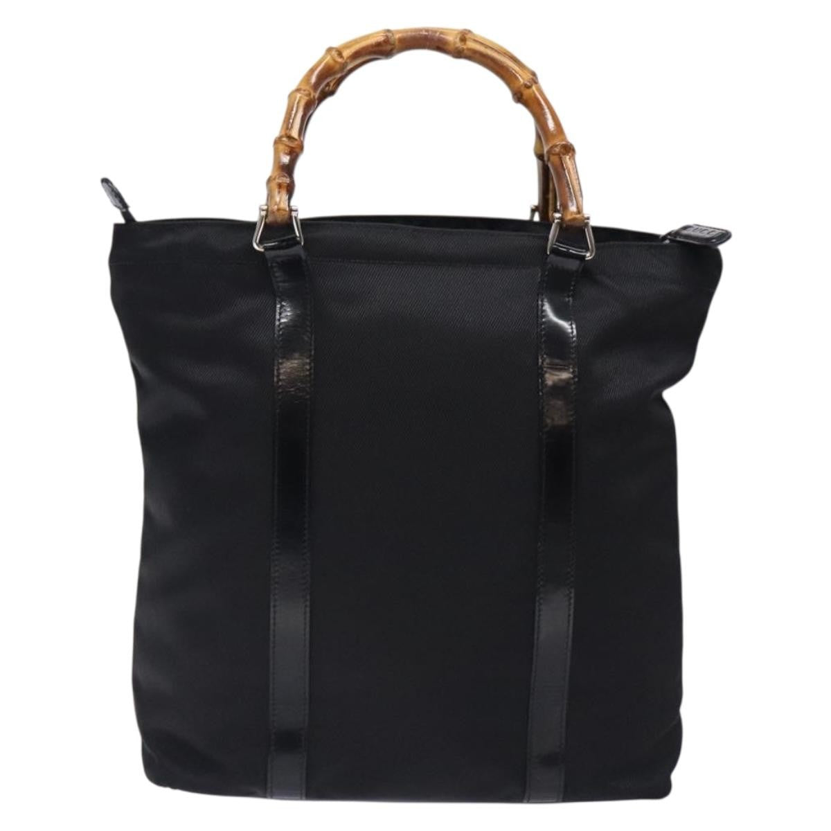 Gucci Vintage Bamboo Handle Tote Nylon, Black, Nylon, Tote Bag