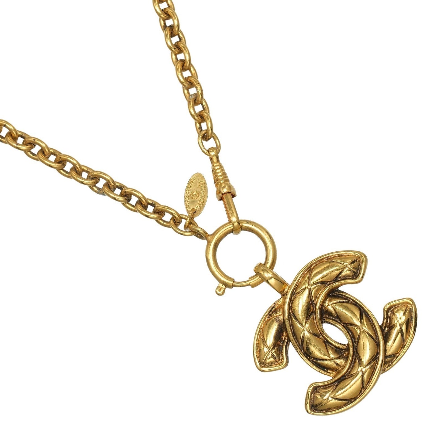 Chanel Vintage CC Pendant Necklace Quilted Metal, GOLD, GOLD_PLATED, Necklace