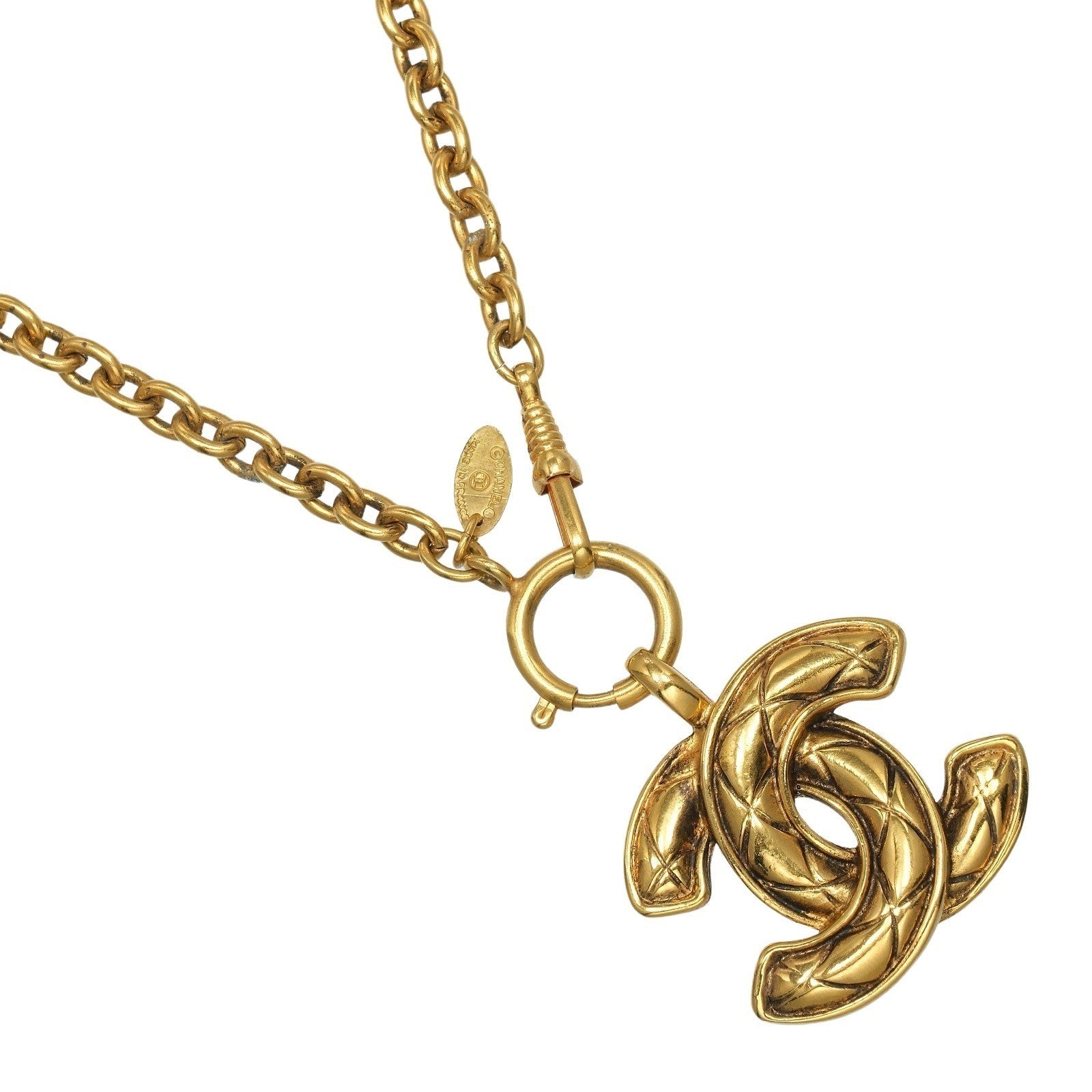 Chanel Vintage CC Pendant Necklace Quilted Metal, GOLD, GOLD_PLATED, Necklace