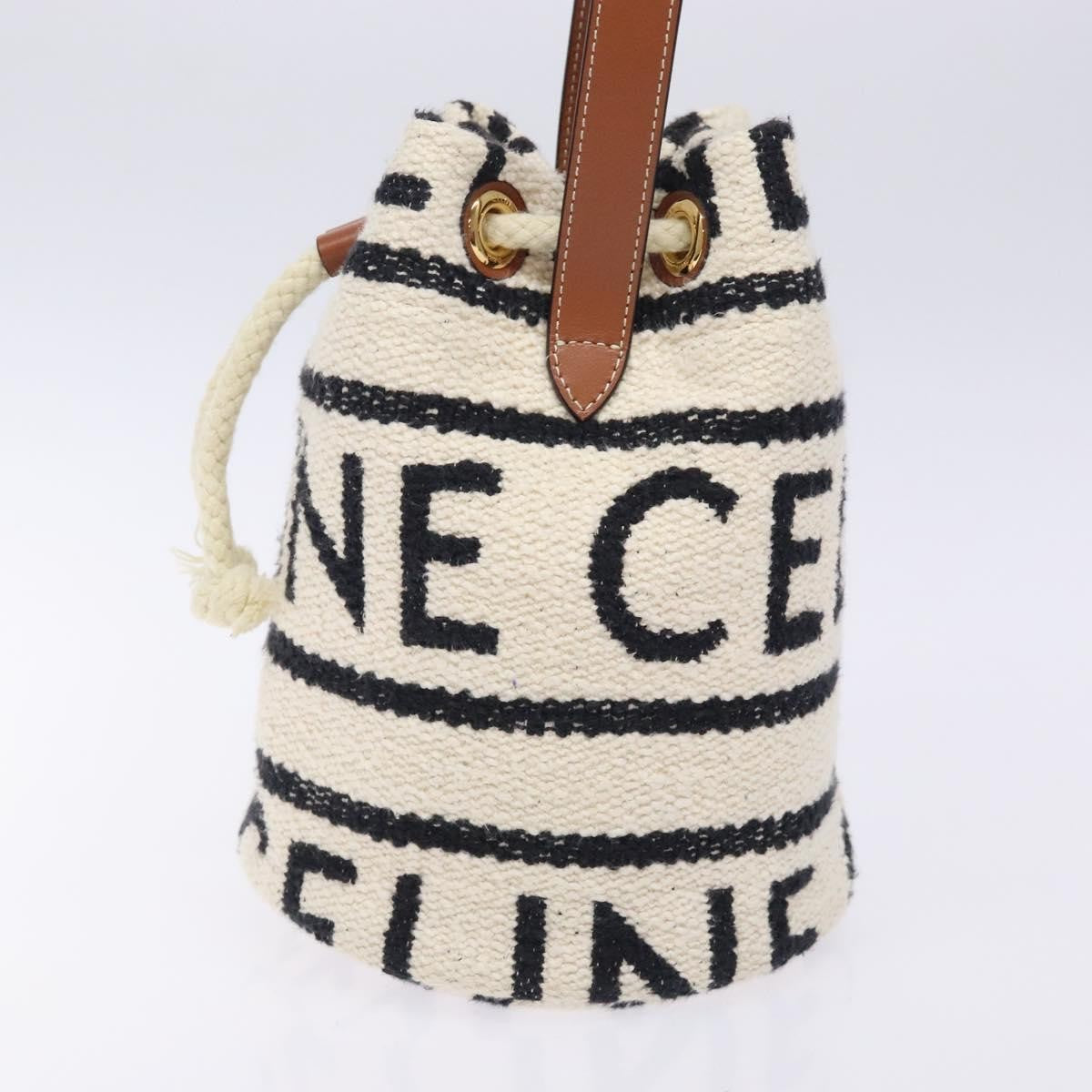 Celine Teen Drawstring Plein Soleil Bucket Bag Canvas with Leather, WHITE, CANVAS, Crossbody bag