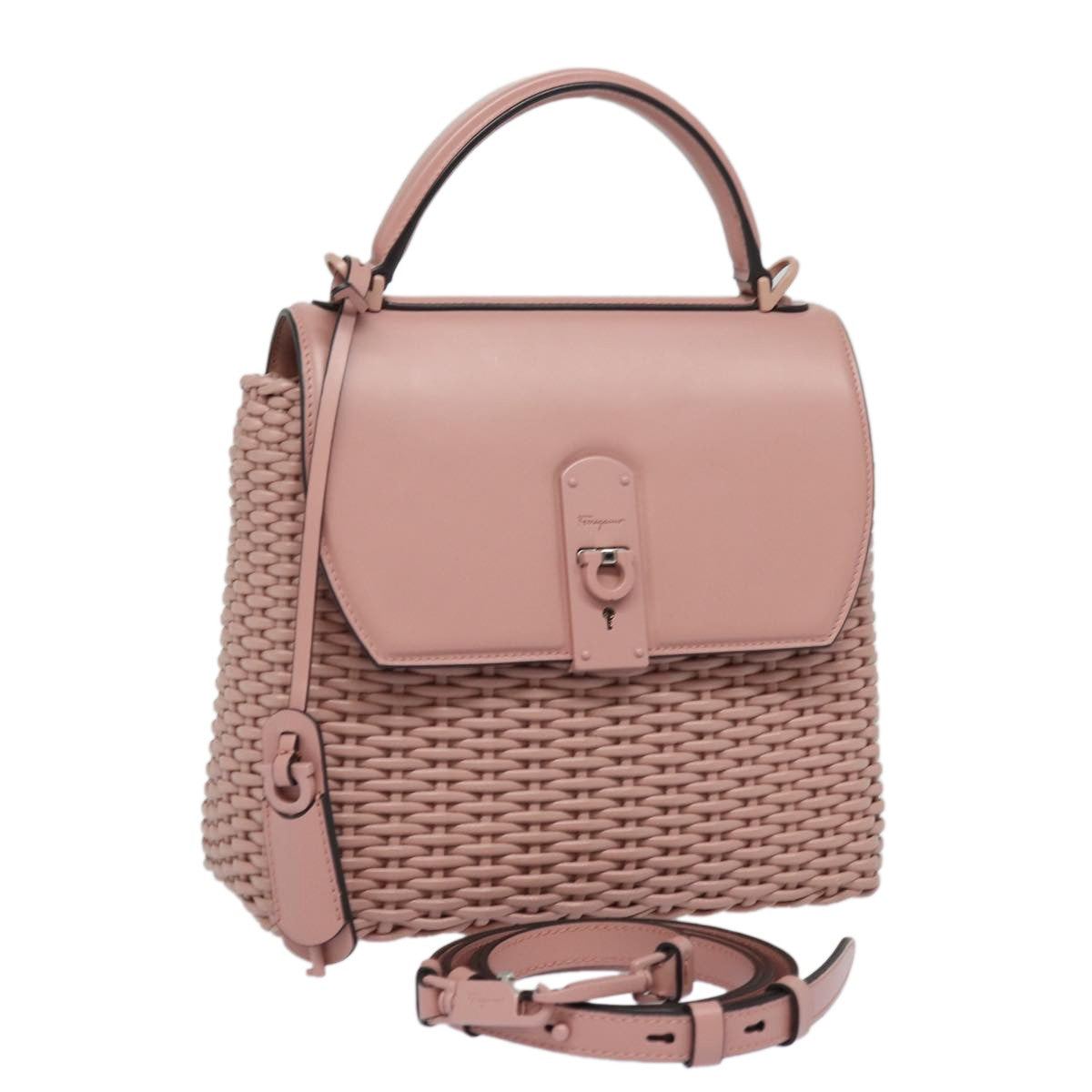 Salvatore Ferragamo Boxyz Top Handle Bag Woven Leather, PINK, LEATHER, Shoulder bag