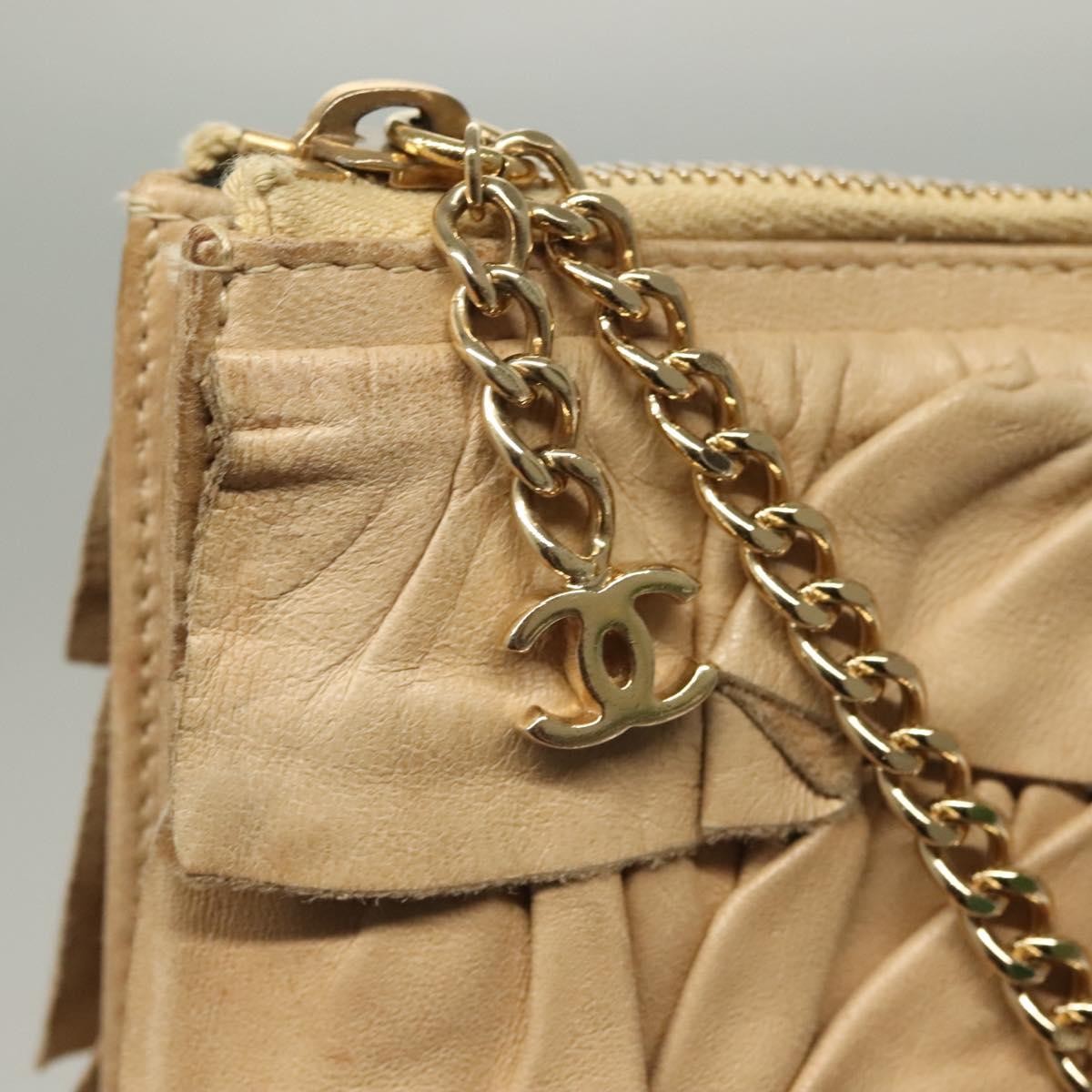 Chanel Ruffle Chain Pochette Lambskin, BEIGE, LEATHER, Clutche & pouche