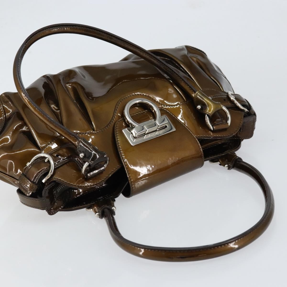 Salvatore Ferragamo Gancini handbag Patent leather, BROWN, PATENT_LEATHER, Handbag